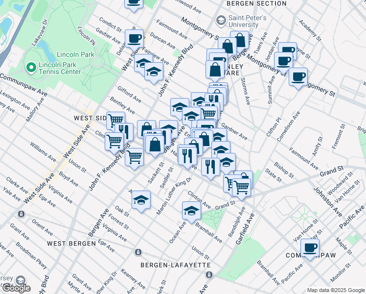 map of restaurants, bars, coffee shops, grocery stores, and more near 60 Brinkerhoff Street in Jersey City