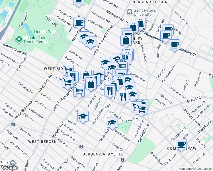 map of restaurants, bars, coffee shops, grocery stores, and more near 60 Brinkerhoff Street in Jersey City