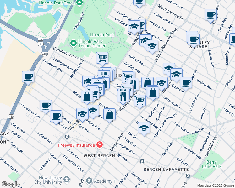 map of restaurants, bars, coffee shops, grocery stores, and more near 90 Lexington Avenue in Jersey City