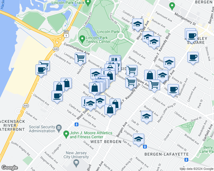 map of restaurants, bars, coffee shops, grocery stores, and more near 525 West Side Avenue in Jersey City