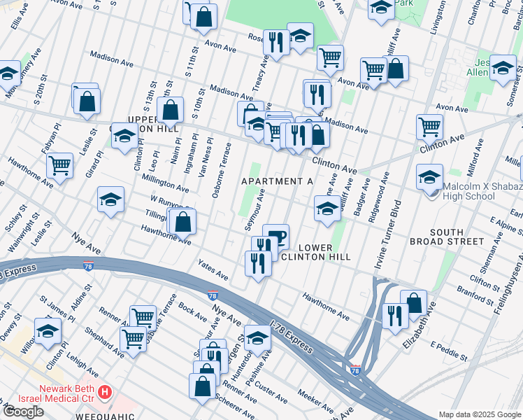 map of restaurants, bars, coffee shops, grocery stores, and more near 185 Seymour Avenue in Newark