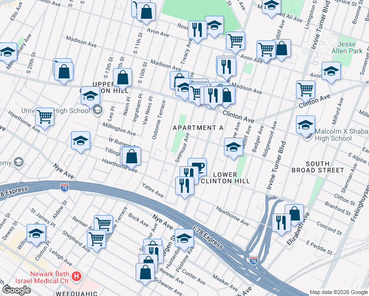 map of restaurants, bars, coffee shops, grocery stores, and more near 185 Seymour Avenue in Newark