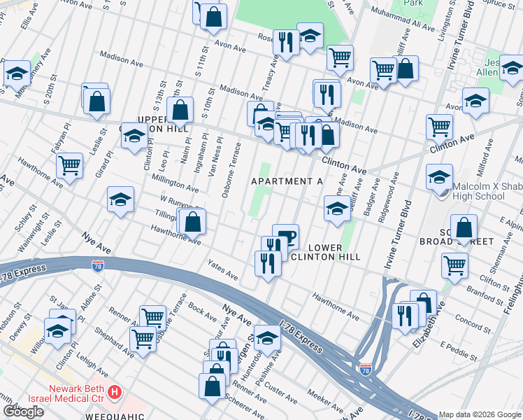 map of restaurants, bars, coffee shops, grocery stores, and more near 185 Seymour Avenue in Newark