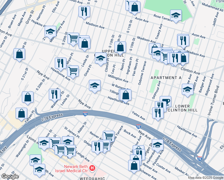 map of restaurants, bars, coffee shops, grocery stores, and more near 67 Tillinghast Street in Newark