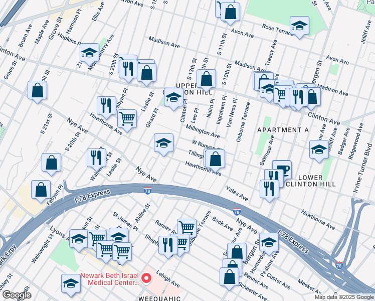 map of restaurants, bars, coffee shops, grocery stores, and more near 67 Tillinghast Street in Newark