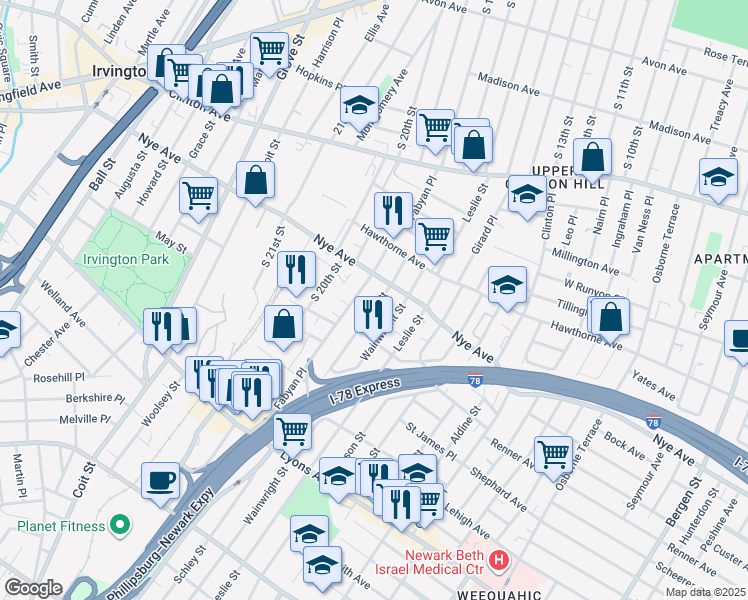 map of restaurants, bars, coffee shops, grocery stores, and more near 138 Fabyan Place in Newark