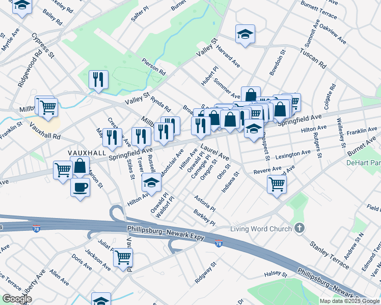 map of restaurants, bars, coffee shops, grocery stores, and more near 275 Montclair Avenue in Union