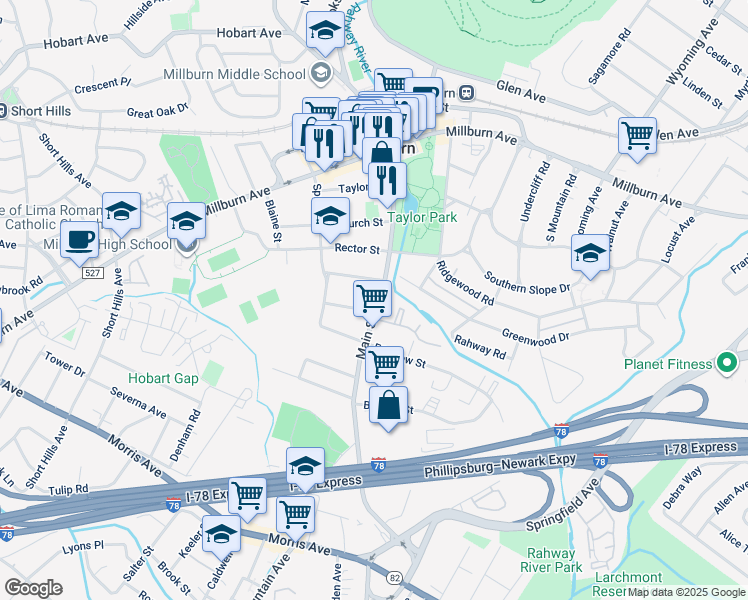 map of restaurants, bars, coffee shops, grocery stores, and more near 186 Main Street in Essex County