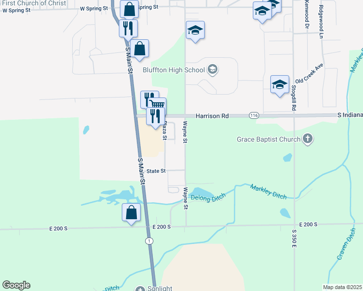 map of restaurants, bars, coffee shops, grocery stores, and more near 1626 Wayne Street in Bluffton