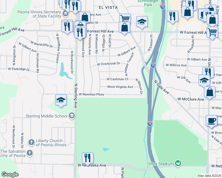 map of restaurants, bars, coffee shops, grocery stores, and more near 2112 West Virginia Avenue in Peoria