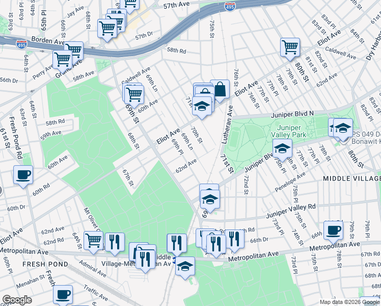 map of restaurants, bars, coffee shops, grocery stores, and more near 61-47 69th Place in Queens
