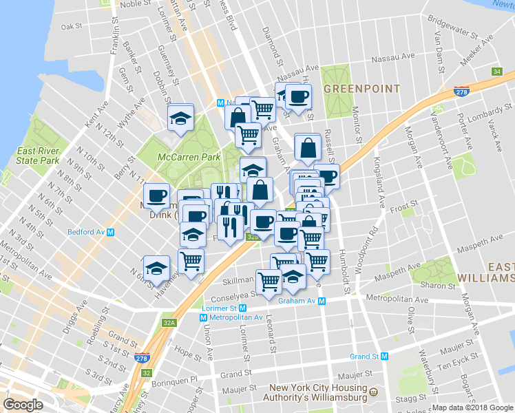 map of restaurants, bars, coffee shops, grocery stores, and more near 410 Leonard Street in Brooklyn