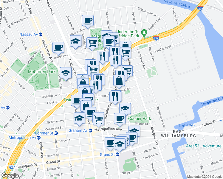 map of restaurants, bars, coffee shops, grocery stores, and more near 252 Richardson Street in Brooklyn