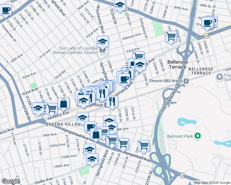 map of restaurants, bars, coffee shops, grocery stores, and more near 219-45 Jamaica Avenue in Queens