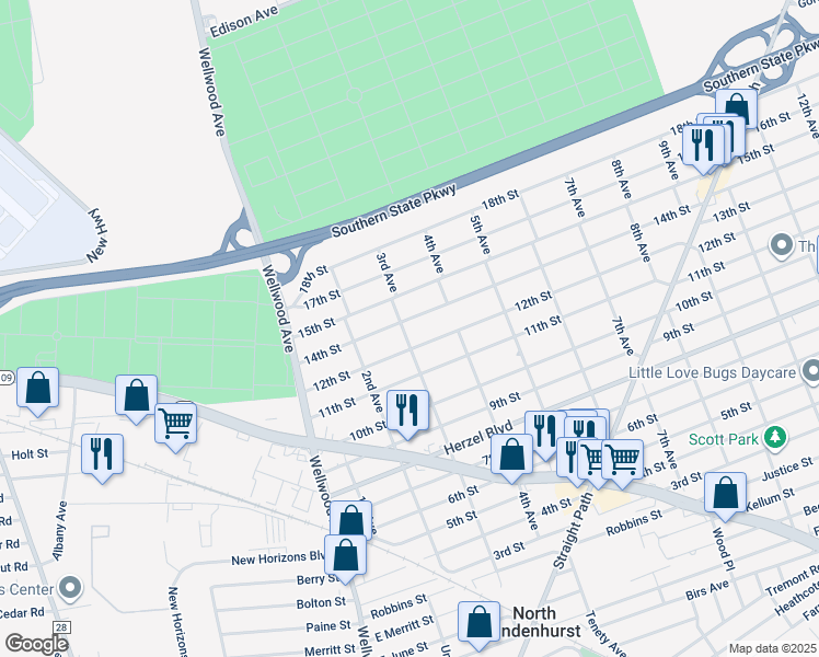 map of restaurants, bars, coffee shops, grocery stores, and more near 262 3rd Avenue in West Babylon