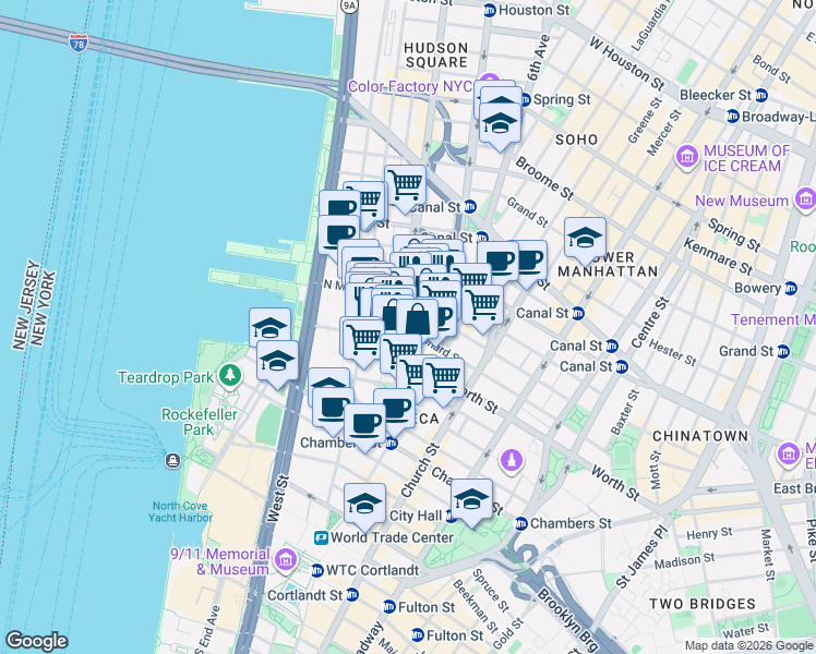map of restaurants, bars, coffee shops, grocery stores, and more near 100 Hudson Street in New York