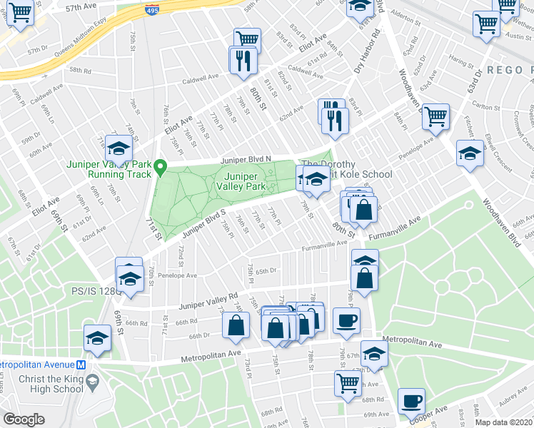 map of restaurants, bars, coffee shops, grocery stores, and more near 63-38 77th Place in Queens