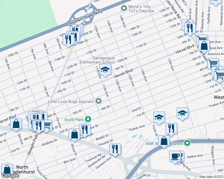 map of restaurants, bars, coffee shops, grocery stores, and more near 1118 6th Street in West Babylon