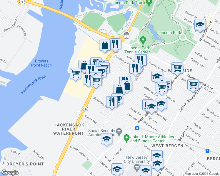 map of restaurants, bars, coffee shops, grocery stores, and more near 389 Ege Avenue in Jersey City