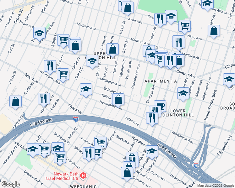 map of restaurants, bars, coffee shops, grocery stores, and more near 274 West Runyon Street in Newark