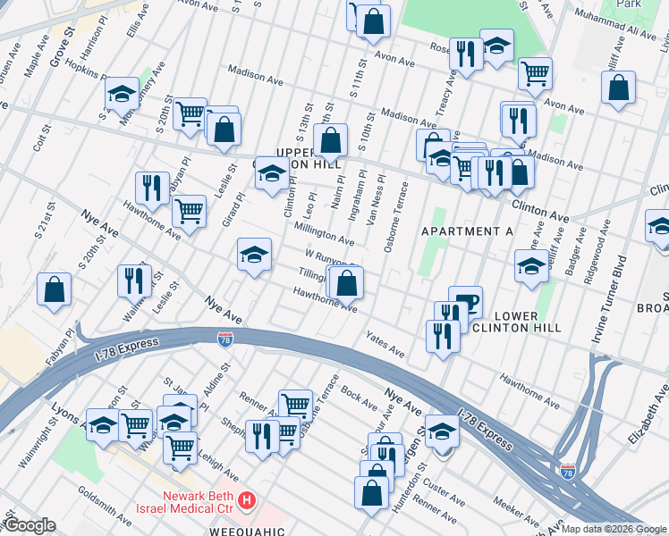 map of restaurants, bars, coffee shops, grocery stores, and more near 274 West Runyon Street in Newark