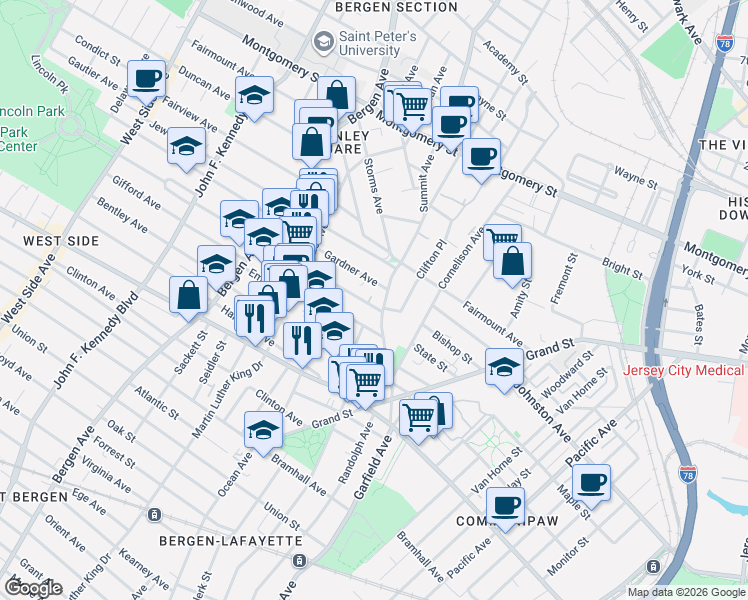 map of restaurants, bars, coffee shops, grocery stores, and more near 23 Belmont Avenue in Jersey City