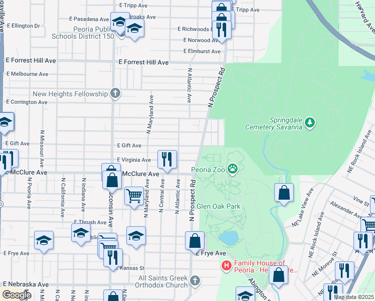 map of restaurants, bars, coffee shops, grocery stores, and more near 2615 North Prospect Road in Peoria