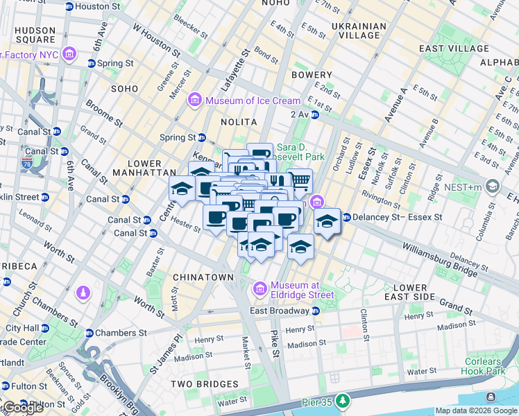 map of restaurants, bars, coffee shops, grocery stores, and more near 123 A Chrystie Street in New York