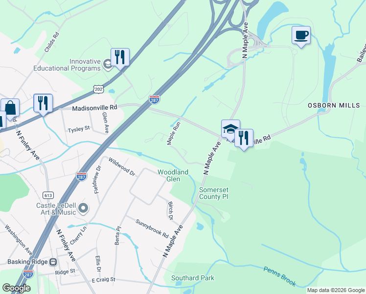 map of restaurants, bars, coffee shops, grocery stores, and more near 10 Riggs Court in Bernards