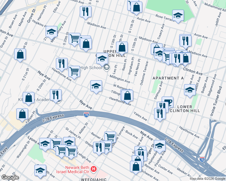 map of restaurants, bars, coffee shops, grocery stores, and more near 67 Tillinghast Street in Newark