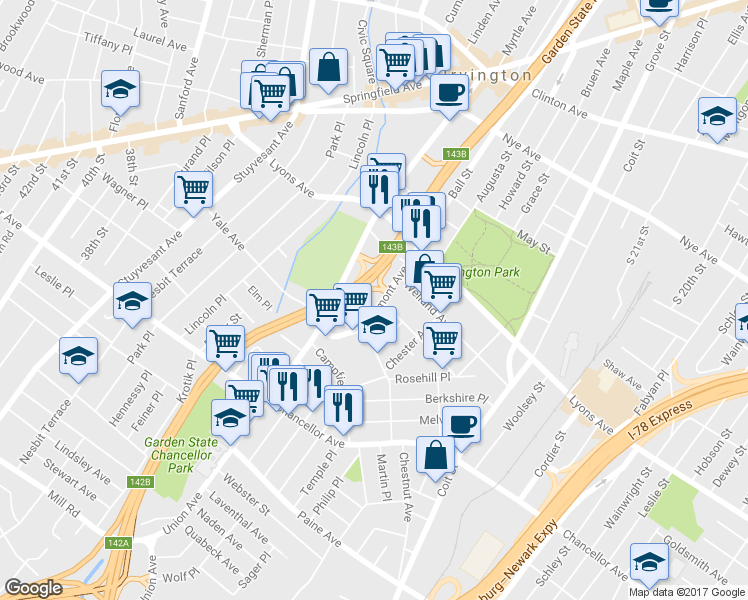 map of restaurants, bars, coffee shops, grocery stores, and more near 63 Cleremont Avenue in Irvington