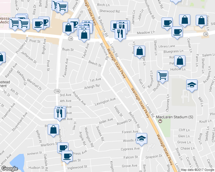 map of restaurants, bars, coffee shops, grocery stores, and more near 190 Bellmore Road in East Meadow