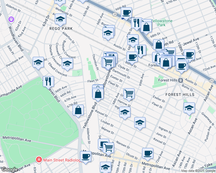map of restaurants, bars, coffee shops, grocery stores, and more near 67-57 Groton Street in Queens