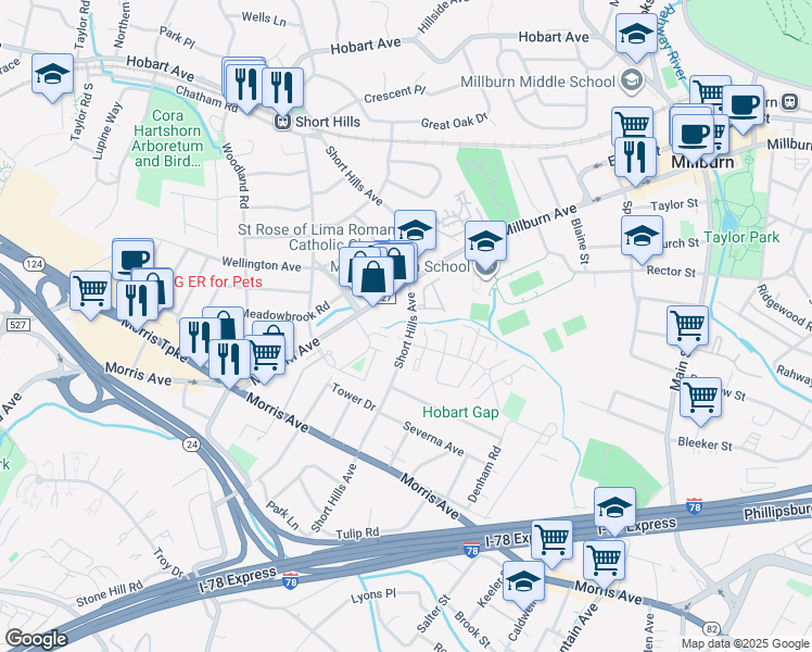 map of restaurants, bars, coffee shops, grocery stores, and more near 305 Short Hills Avenue in Springfield