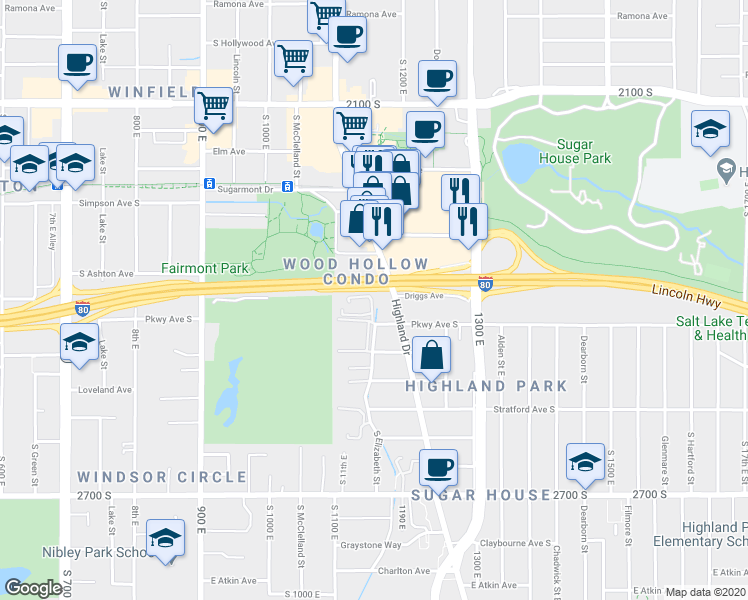 map of restaurants, bars, coffee shops, grocery stores, and more near 2410 South Highland Drive in Salt Lake City