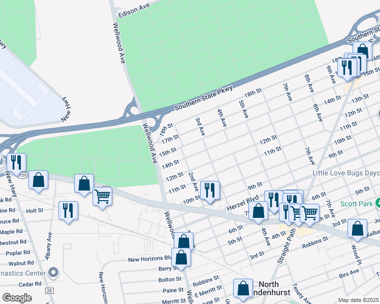 map of restaurants, bars, coffee shops, grocery stores, and more near 212 14th St in West Babylon