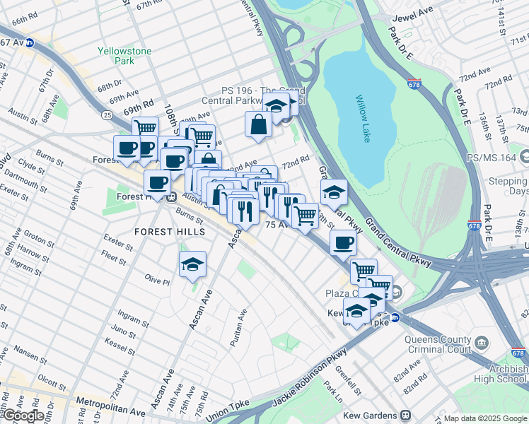 map of restaurants, bars, coffee shops, grocery stores, and more near 10750 Queens Boulevard in Queens