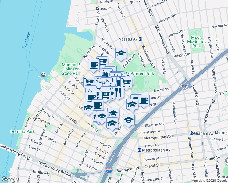 map of restaurants, bars, coffee shops, grocery stores, and more near 460 Driggs Avenue in Brooklyn