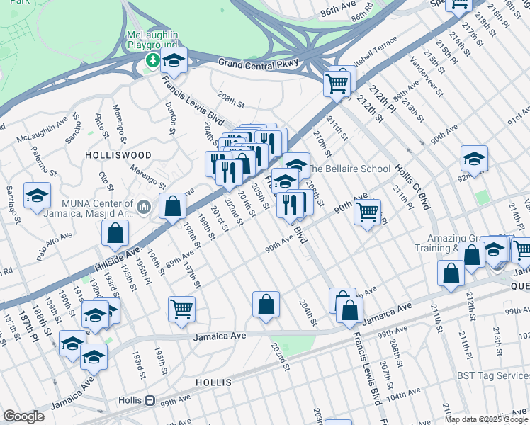 map of restaurants, bars, coffee shops, grocery stores, and more near 89-02 205th Street in Queens