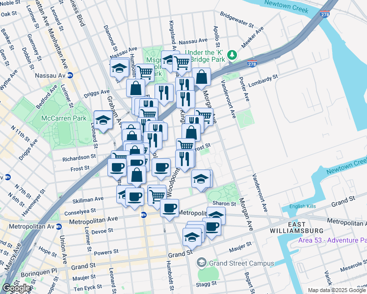 map of restaurants, bars, coffee shops, grocery stores, and more near 252 Richardson Street in Brooklyn
