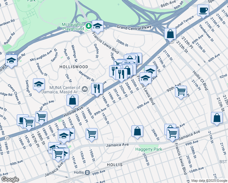 map of restaurants, bars, coffee shops, grocery stores, and more near 88-18 201st Street in Queens