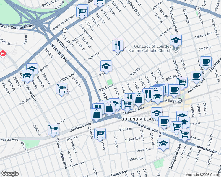map of restaurants, bars, coffee shops, grocery stores, and more near 93-07 213th Street in Queens