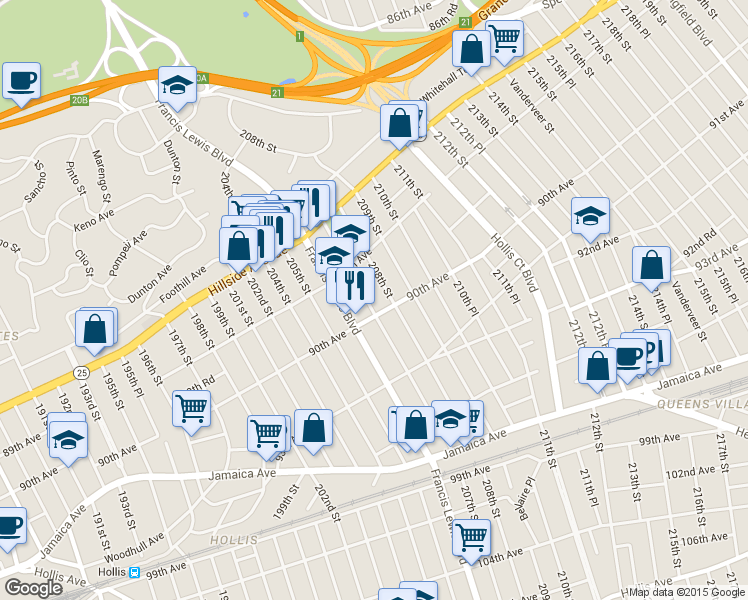 map of restaurants, bars, coffee shops, grocery stores, and more near 89-45 207th Street in Queens