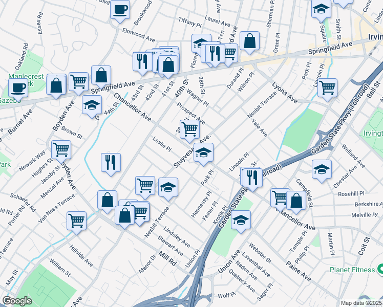 map of restaurants, bars, coffee shops, grocery stores, and more near 887 Stuyvesant Avenue in Irvington