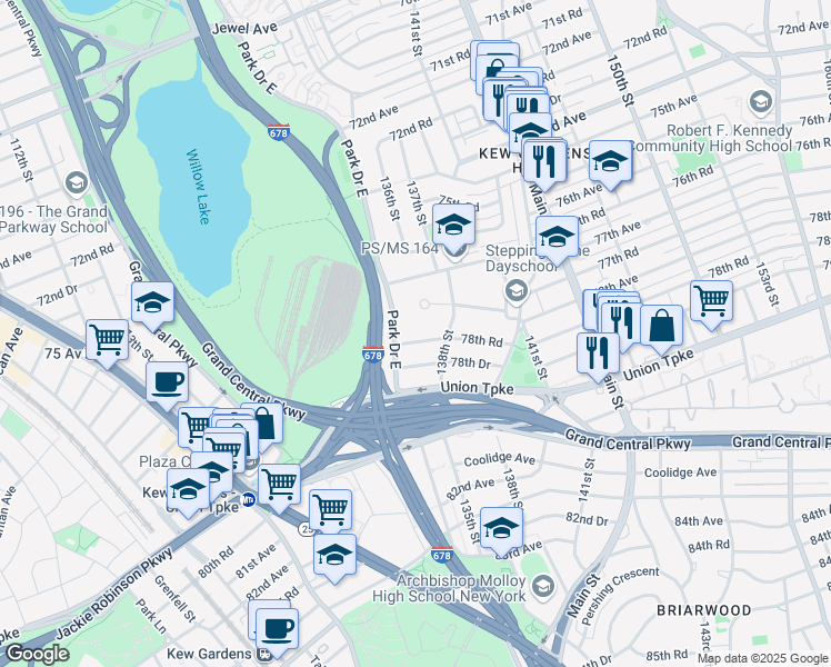 map of restaurants, bars, coffee shops, grocery stores, and more near 135-19 78th Road in Queens