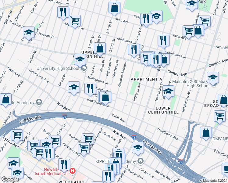 map of restaurants, bars, coffee shops, grocery stores, and more near 243 West Runyon Street in Newark