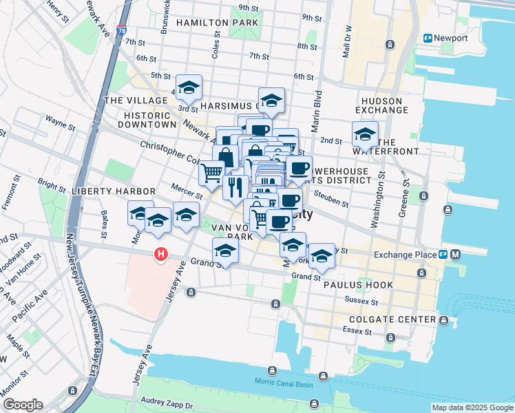 map of restaurants, bars, coffee shops, grocery stores, and more near 47 Wayne Street in Jersey City