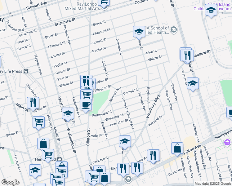 map of restaurants, bars, coffee shops, grocery stores, and more near 200 Stewart Avenue in Hempstead