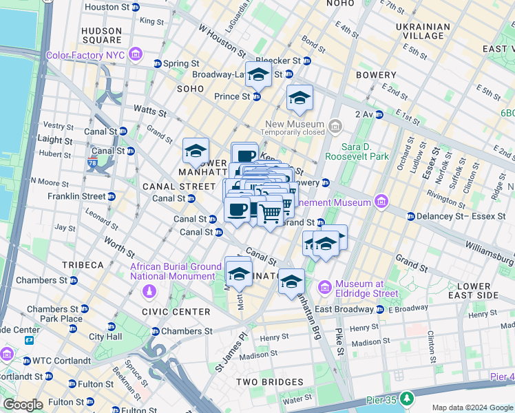 map of restaurants, bars, coffee shops, grocery stores, and more near 149 Mulberry Street in New York