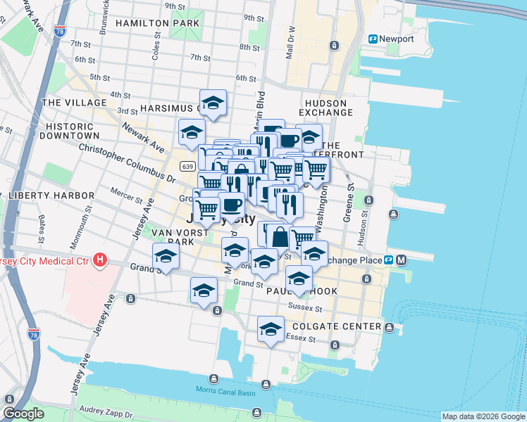 map of restaurants, bars, coffee shops, grocery stores, and more near 68 Christopher Columbus Drive in Jersey City